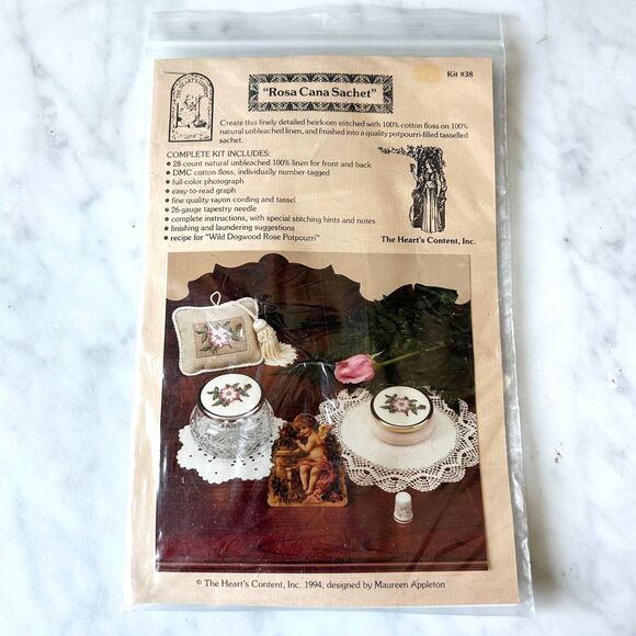 Rosa Cana Dogwood Rose Tassel Sachet Counted Cross Stitch Kit - Heart's Content - Picture 1 of 4